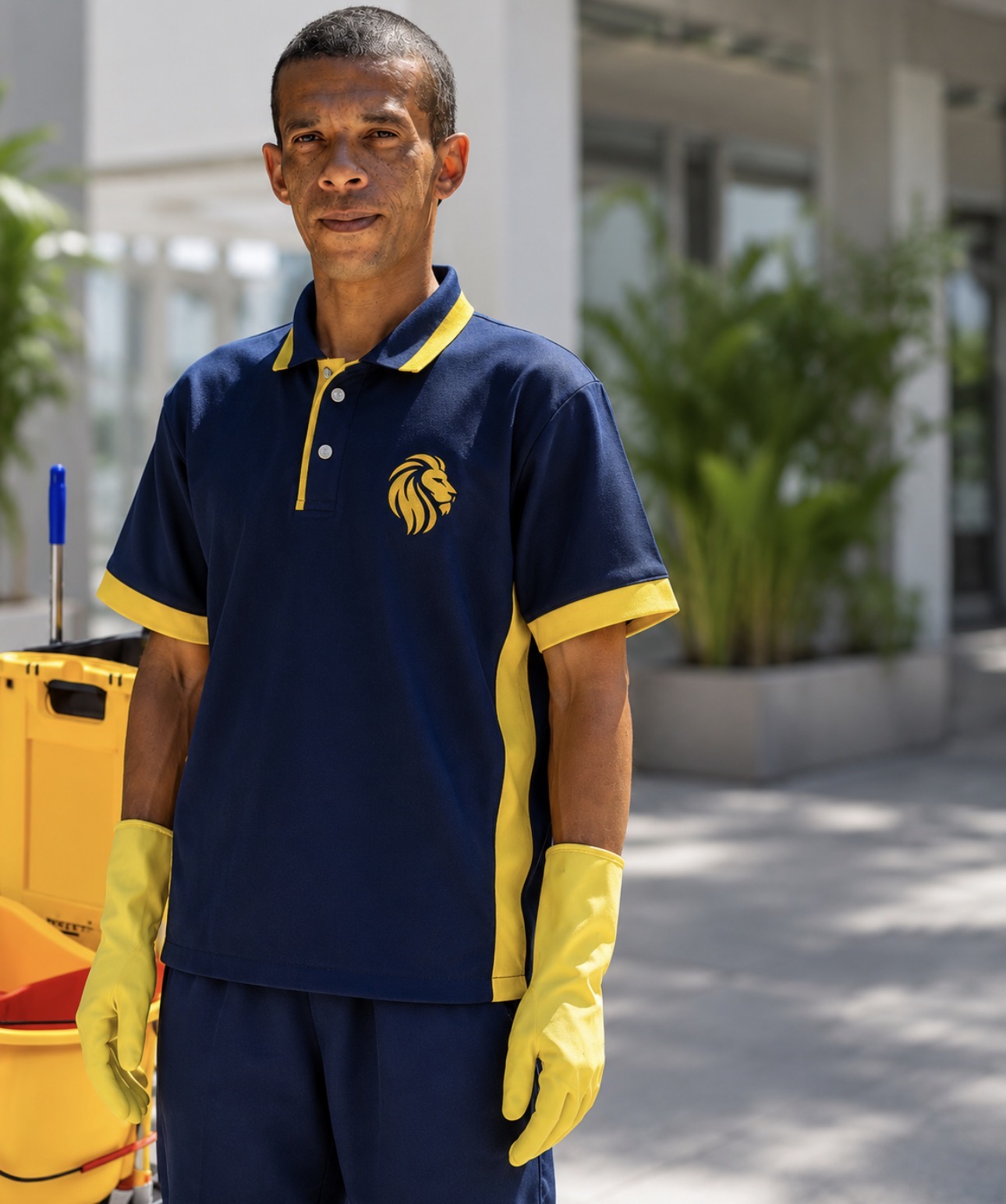 Colaborador LionPrime uniformizado com carrinho de limpeza
