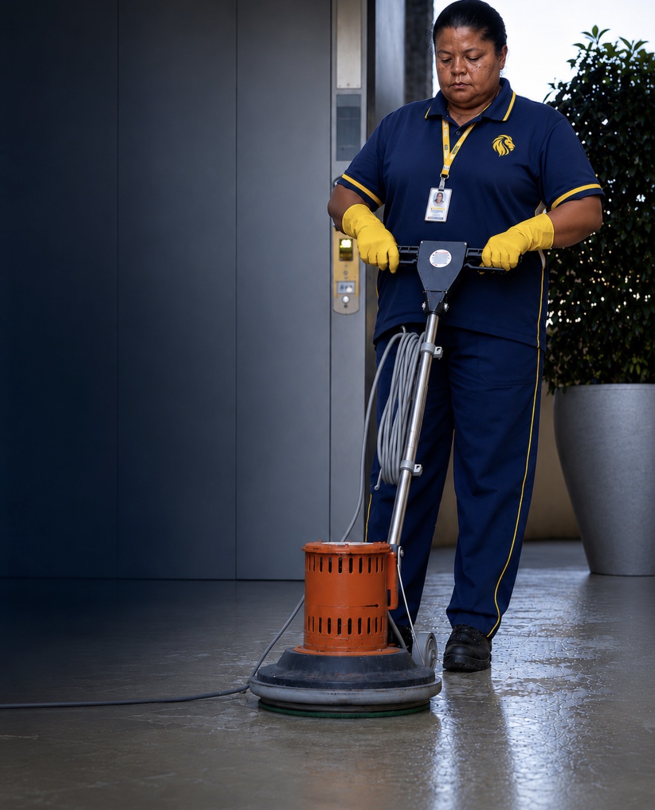 Colaboradora LionPrime operando enceradeira industrial
